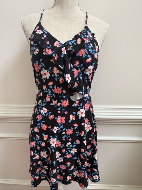 No Boundaries Dresses & Skirts - No Boundaries Black Floral Ruffle-Front Spaghetti Strap Dress